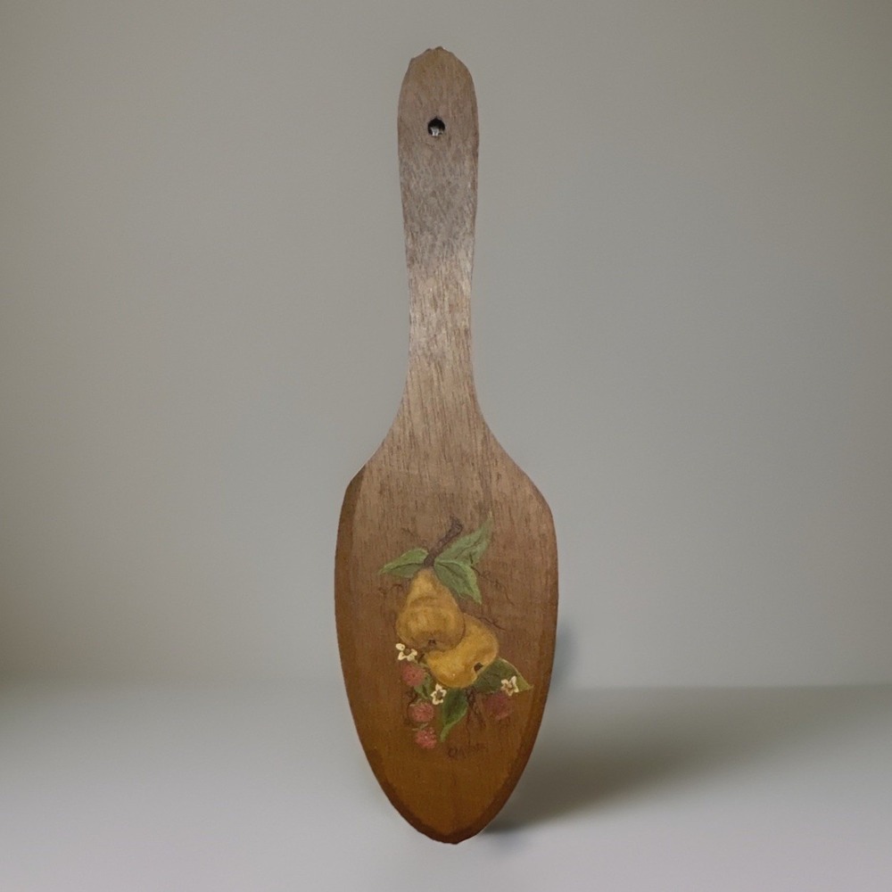 Wooden Decor Flat Spoon Hand Painted Pears Raspberries Wall Folk Art Decor VTG